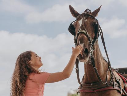 Smiling girl petting a horse at a Aaron and Jessica's Buggy Rides in Lancaster, PA